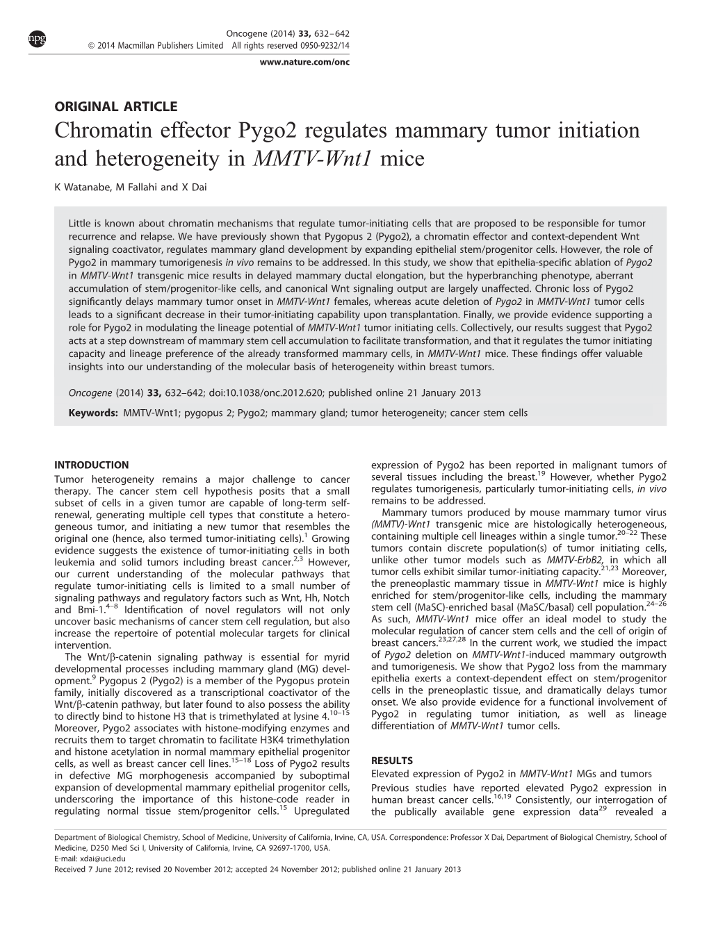 Chromatin Effector Pygo2 Regulates Mammary Tumor Initiation and Heterogeneity in MMTV-Wnt1 Mice