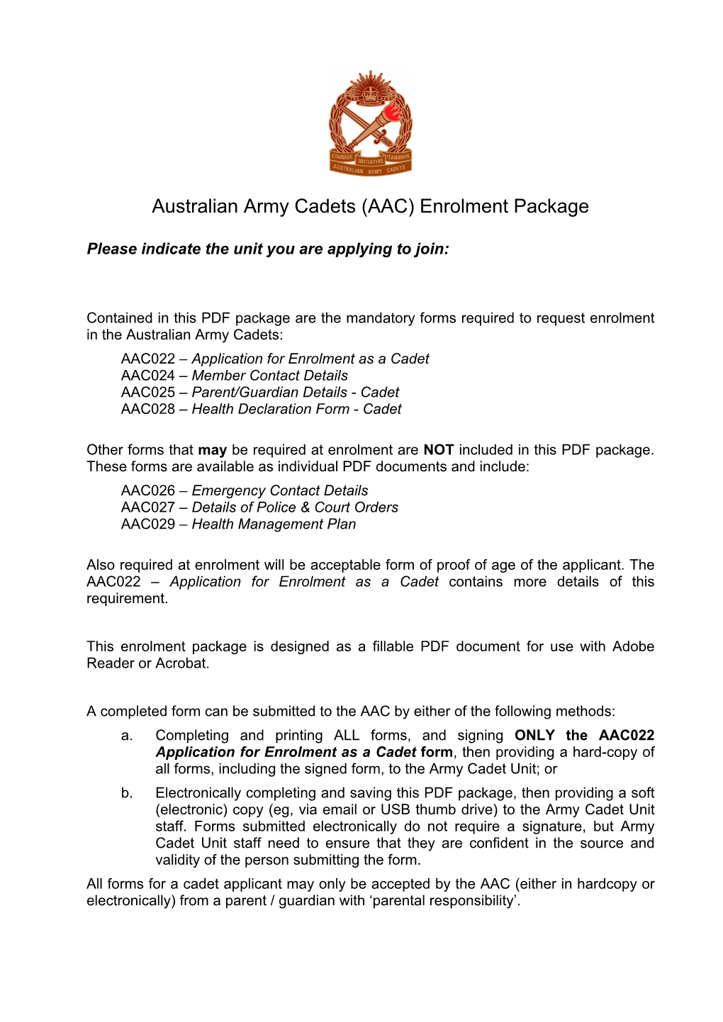 Australian Army Cadets (AAC) Enrolment Package