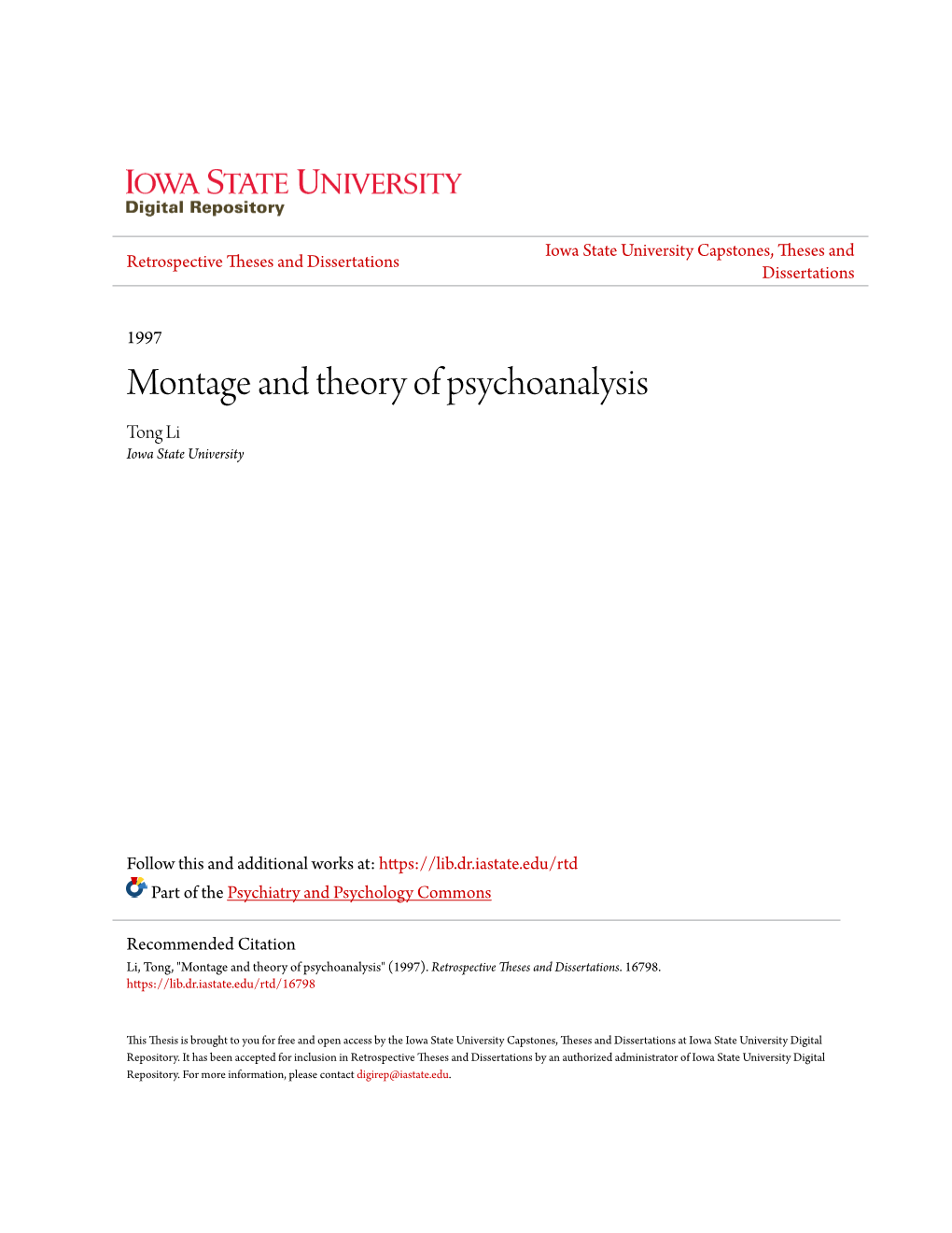 Montage and Theory of Psychoanalysis Tong Li Iowa State University