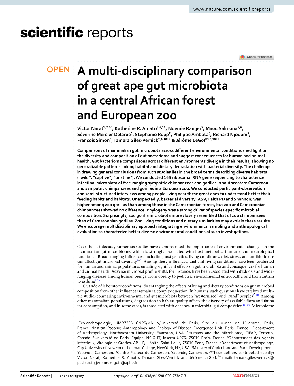 A Multi-Disciplinary Comparison of Great Ape Gut Microbiota in a Central African Forest and European