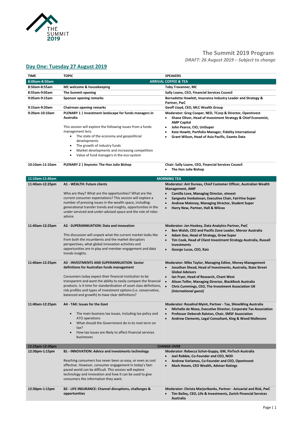 The Summit 2019 Program DRAFT: 26 August 2019 – Subject to Change Day One: Tuesday 27 August 2019