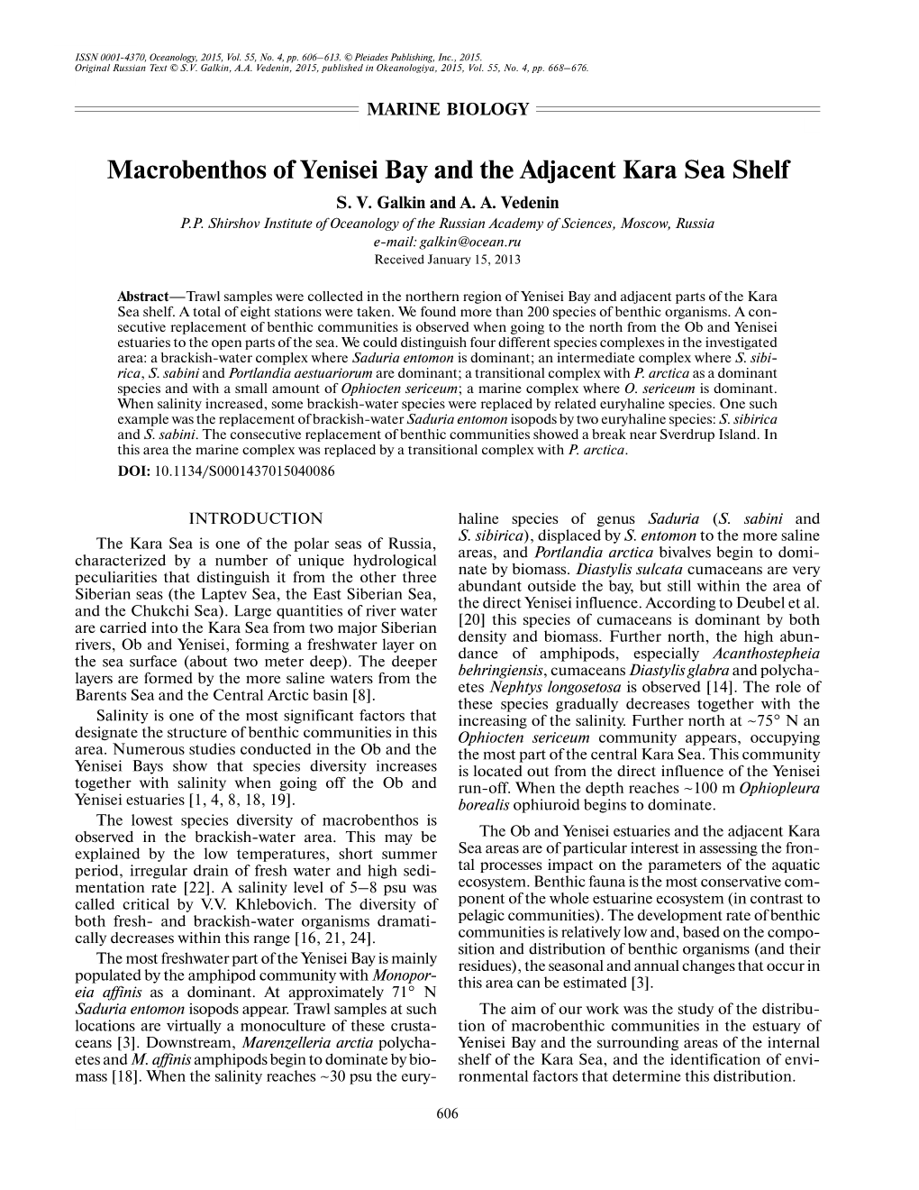 Macrobenthos of Yenisei Bay and the Adjacent Kara Sea Shelf S