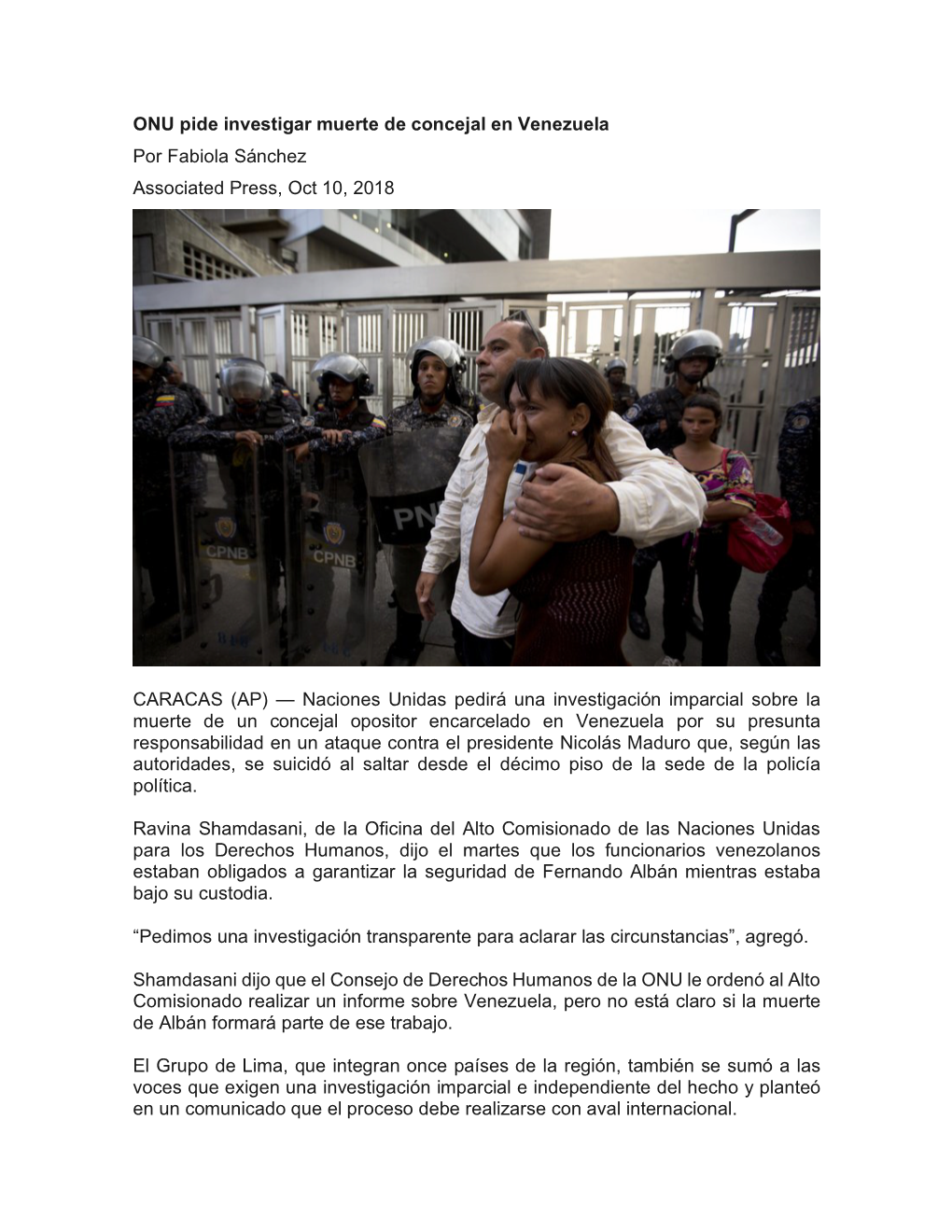 ONU Pide Investigar Muerte De Concejal En Venezuela Por Fabiola Sánchez Associated Press, Oct 10, 2018
