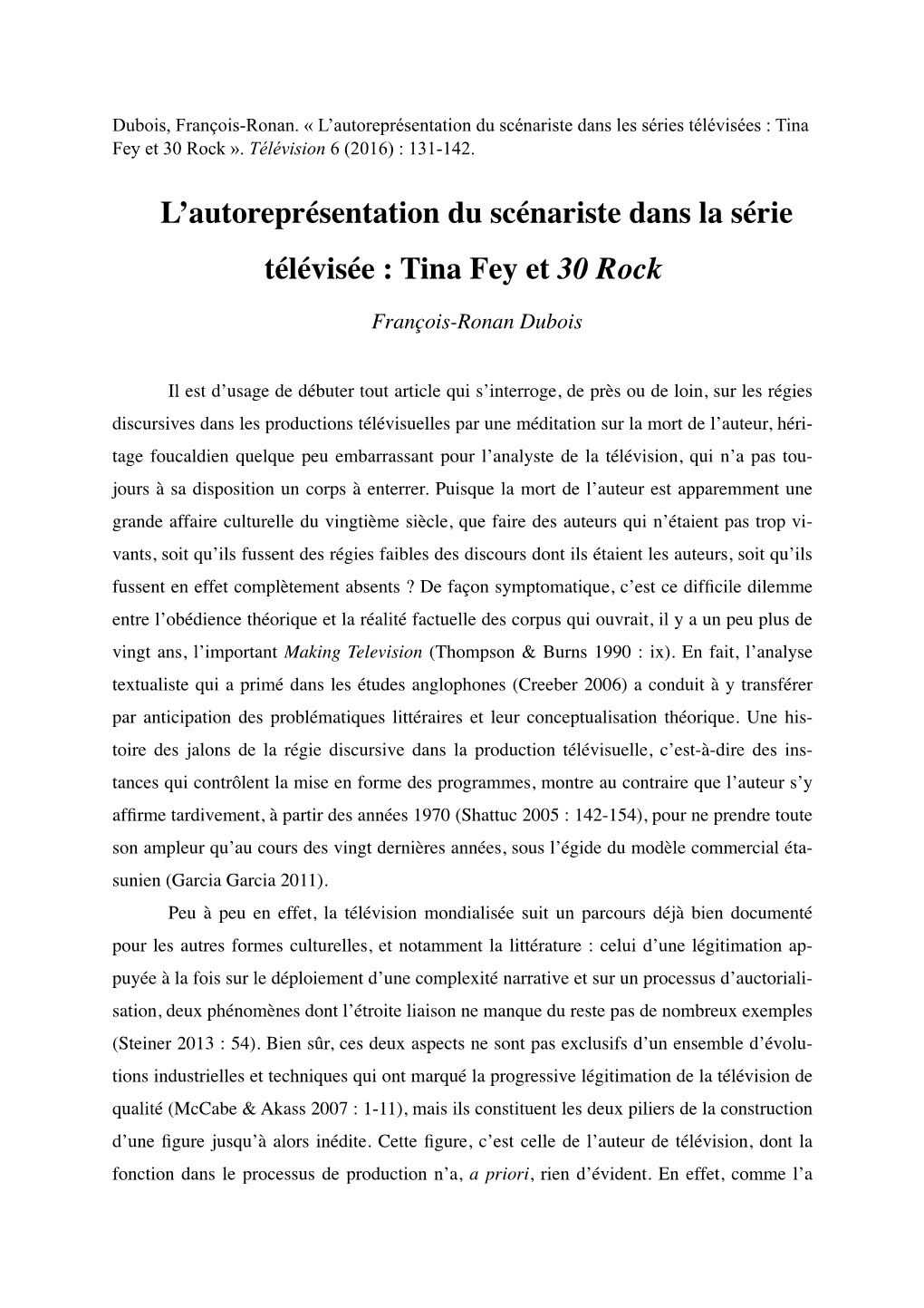 L'autoreprésentation Du Scénariste Dans La Série Télévisée : Tina Fey Et