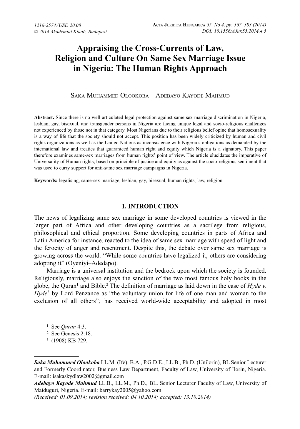 Appraising the Cross-Currents of Law, Religion and Culture on Same Sex Marriage Issue in Nigeria: the Human Rights Approach