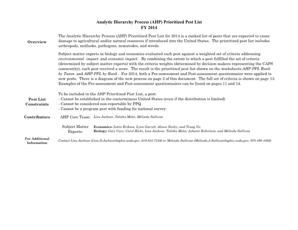 Analytic Hierarchy Process (AHP) Prioritized Pest List FY 2014