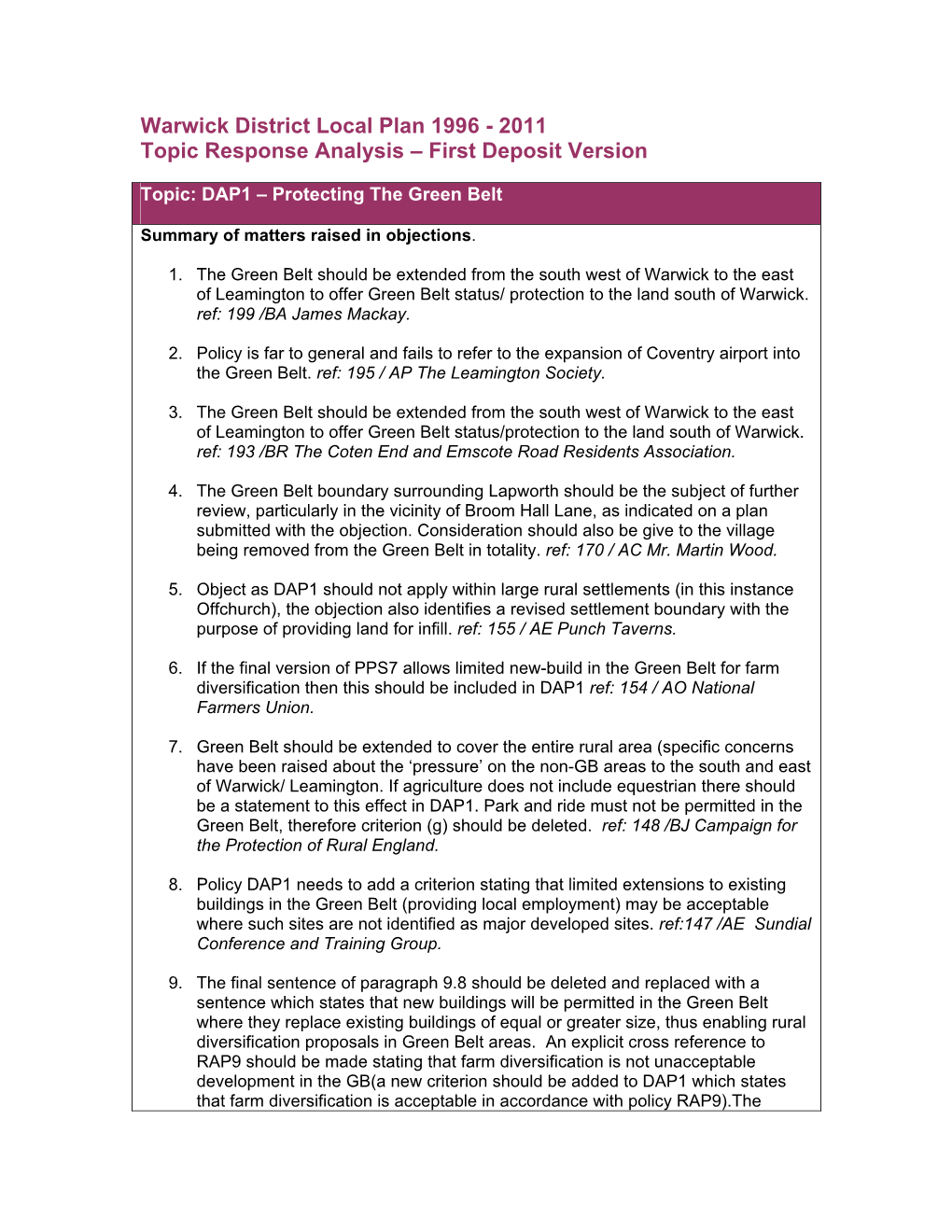 Topic: DAP1 – Protecting the Green Belt