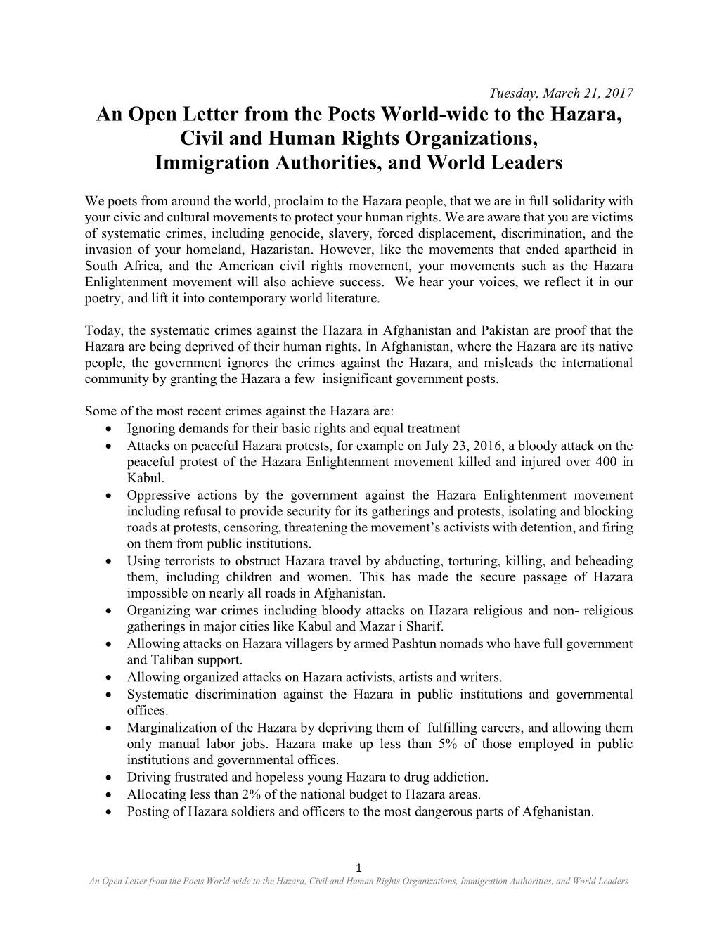 An Open Letter from the Poets World-Wide to the Hazara, Civil and Human Rights Organizations, Immigration Authorities, and World Leaders