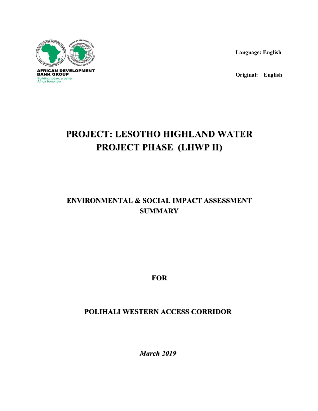 Project: Lesotho Highland Water Project Phase (Lhwp Ii)