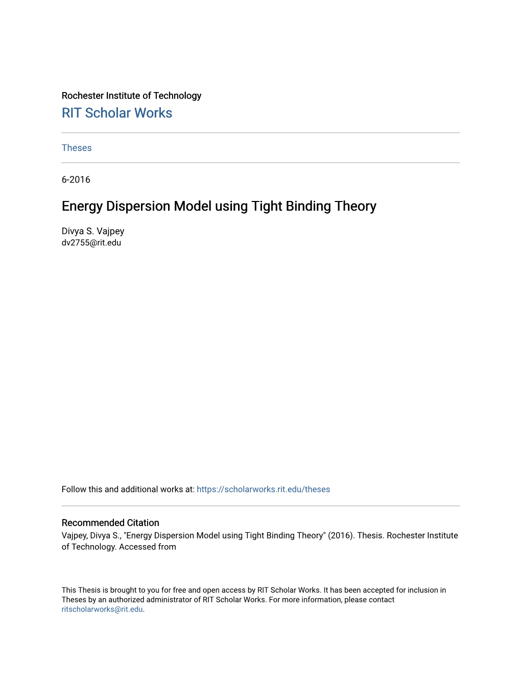 Energy Dispersion Model Using Tight Binding Theory