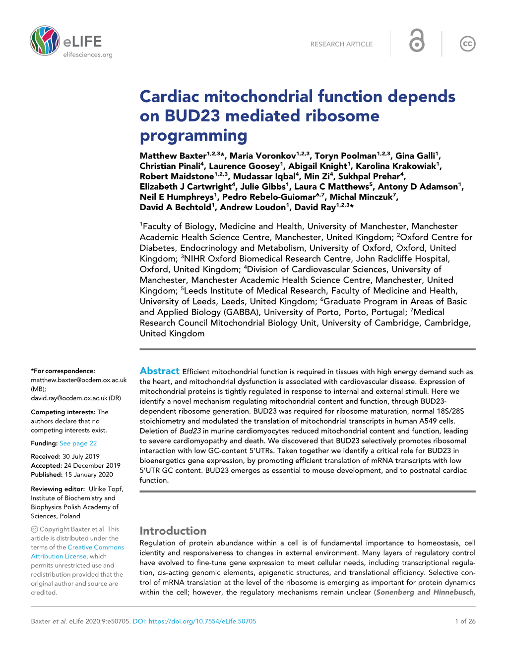 Cardiac Mitochondrial Function Depends on BUD23 Mediated