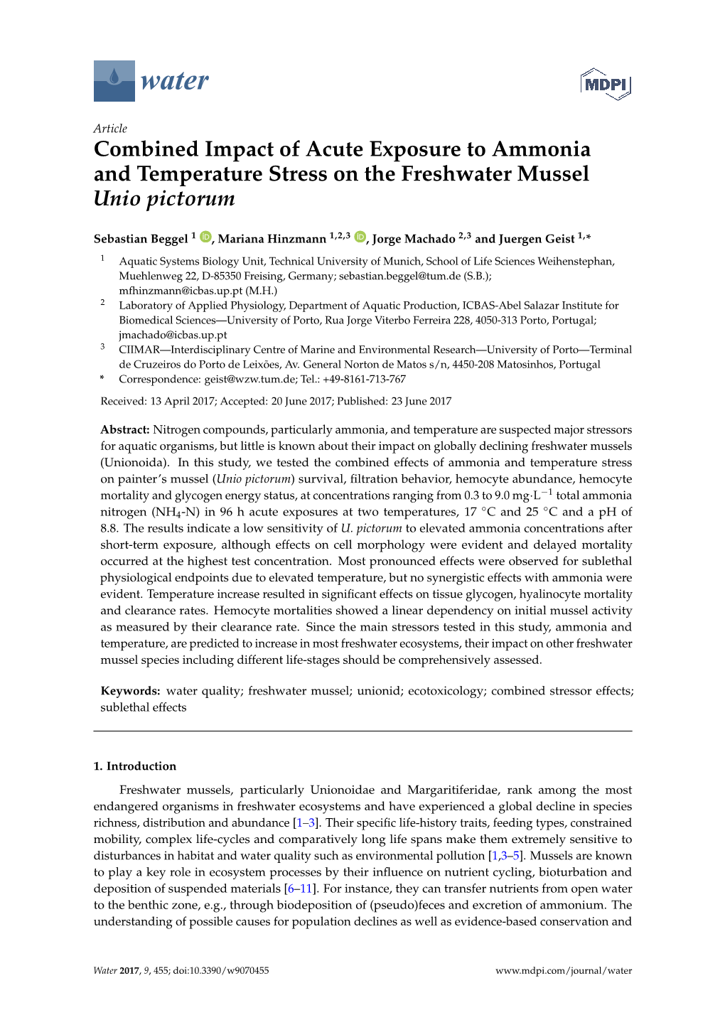 Combined Impact of Acute Exposure to Ammonia and Temperature Stress on the Freshwater Mussel Unio Pictorum