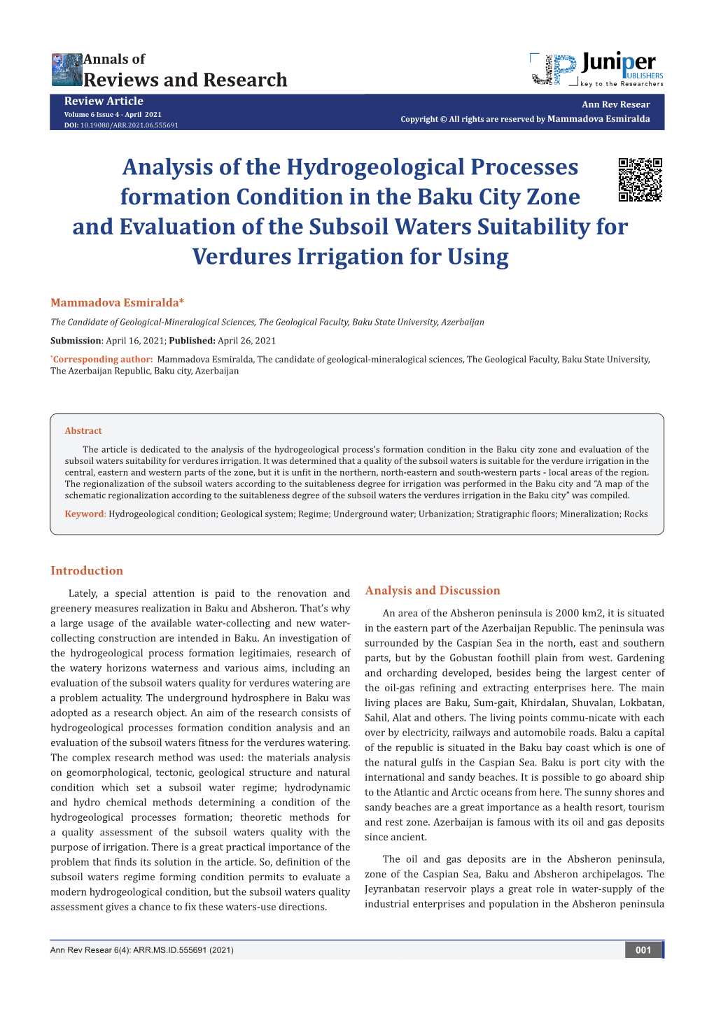 Analysis of the Hydrogeological Processes Formation Condition in the Baku City Zone and Evaluation of the Subsoil Waters Suitability for Verdures Irrigation for Using