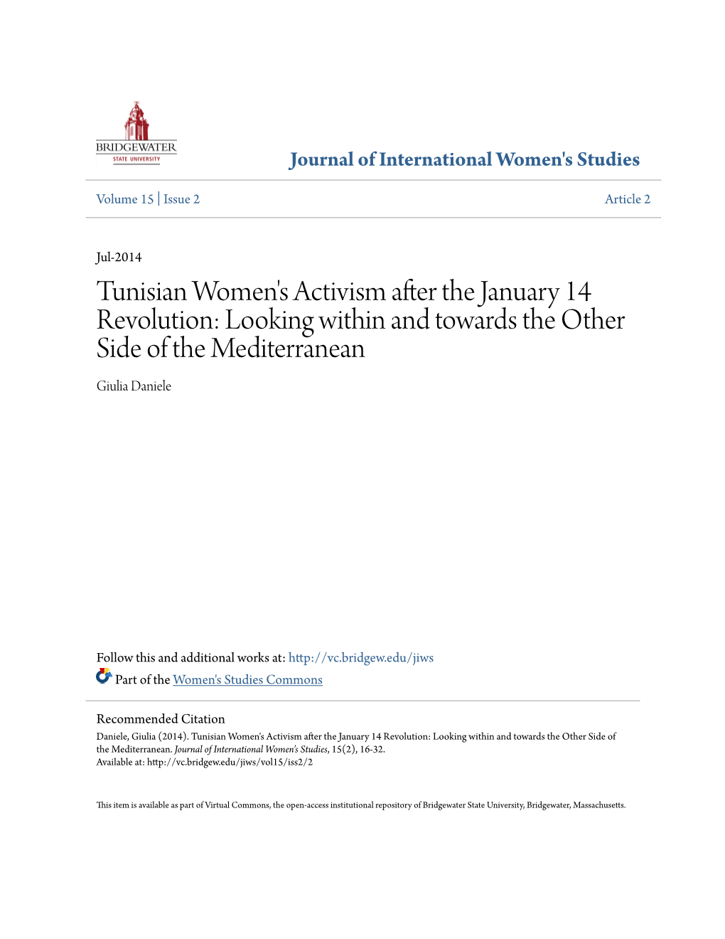 Tunisian Women's Activism After the January 14 Revolution: Looking Within and Towards the Other Side of the Mediterranean Giulia Daniele