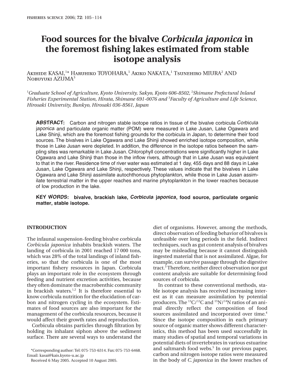 Food Sources for the Bivalve Corbicula Japonica in the Foremost Fishing