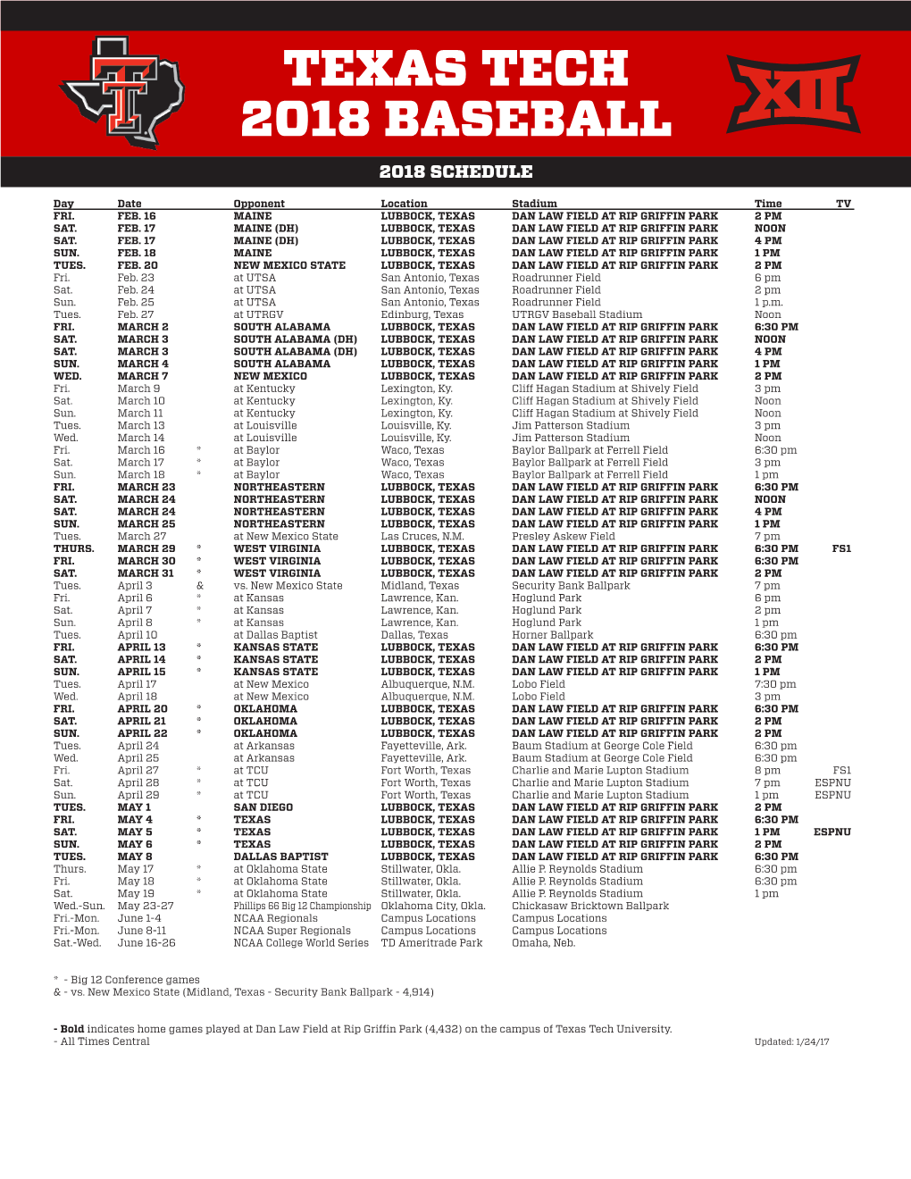 Texas Tech 2018 Baseball 2018 Schedule