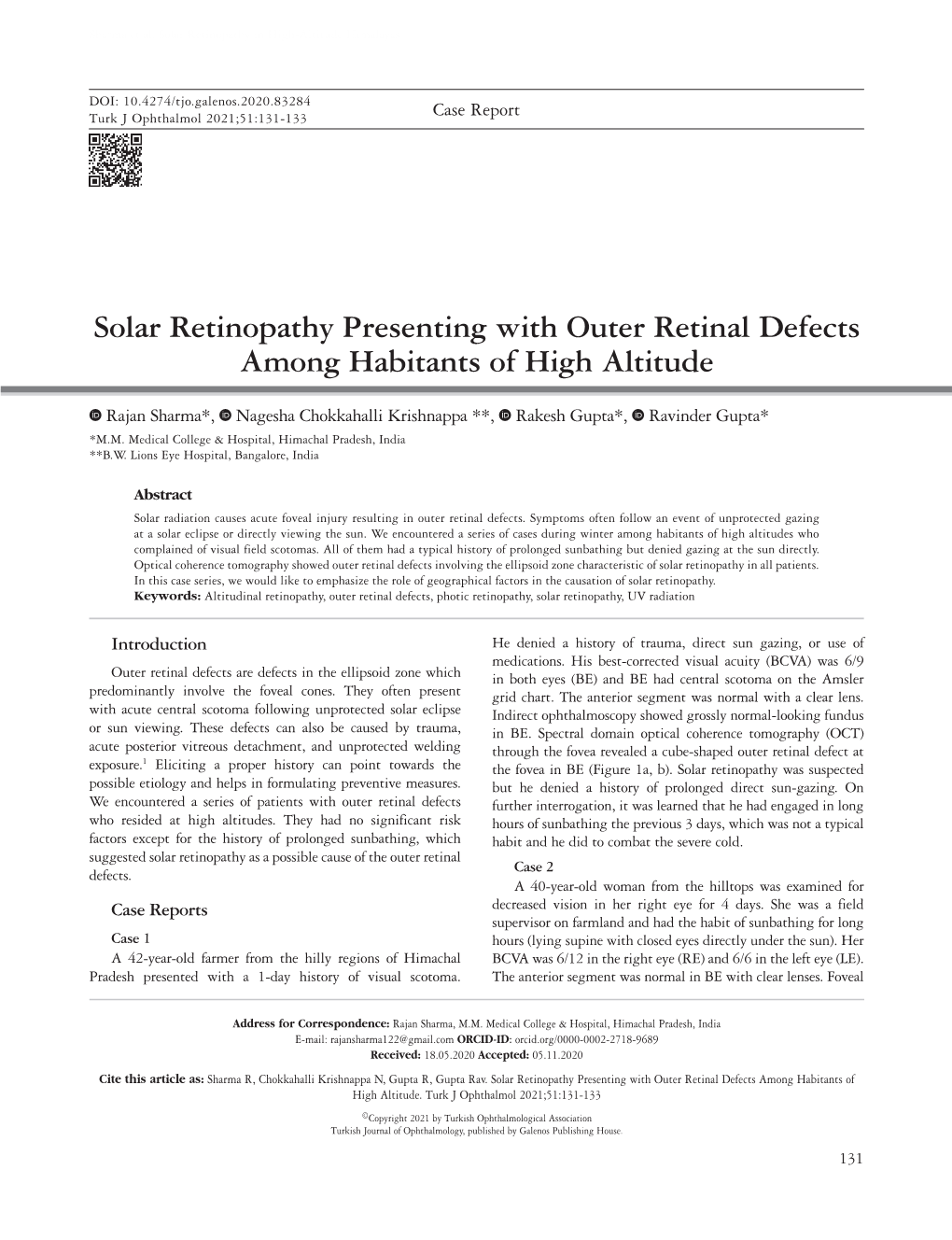 Solar Retinopathy Presenting with Outer Retinal Defects Among Habitants of High Altitude