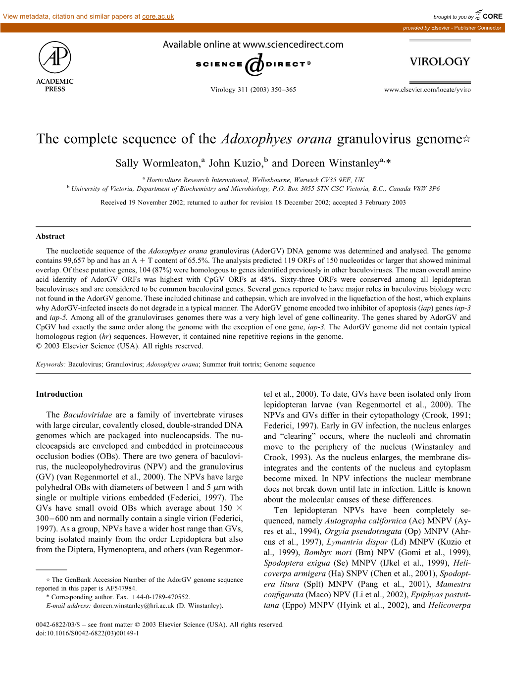 The Complete Sequence of the Adoxophyes Orana Granulovirus Genome૾