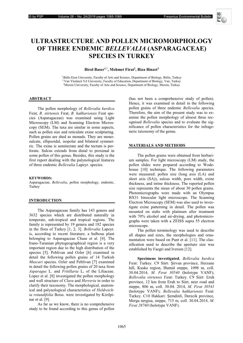 Ultrastructure and Pollen Micromorphology of Three Endemic Bellevalia (Asparagaceae) Species in Turkey