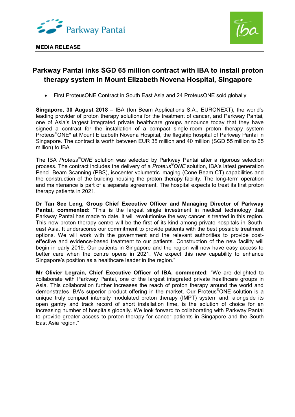 Parkway Pantai Inks SGD 65 Million Contract with IBA to Install Proton Therapy System in Mount Elizabeth Novena Hospital, Singapore