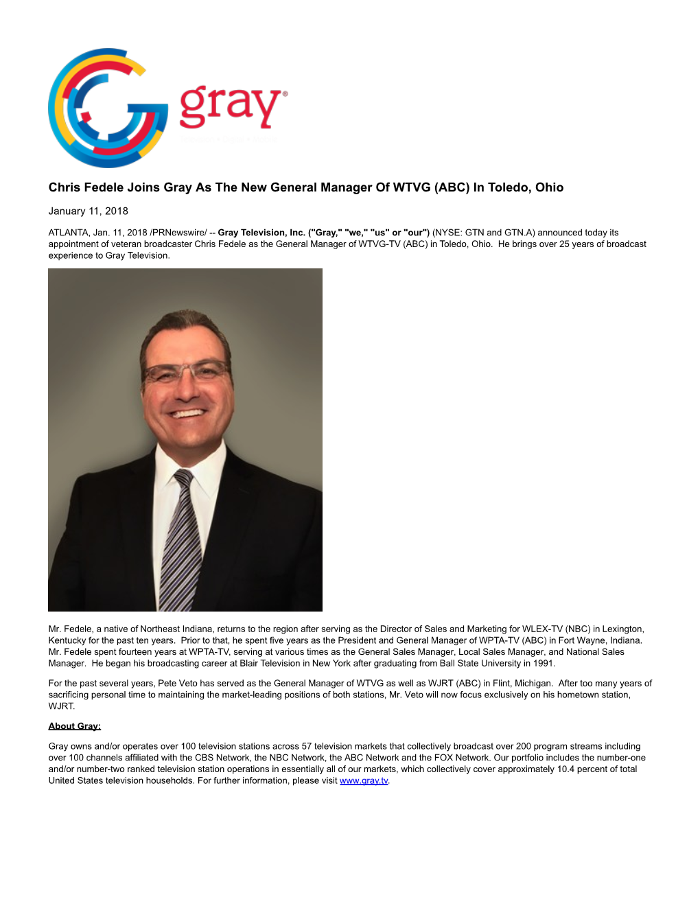 Chris Fedele Joins Gray As the New General Manager of WTVG (ABC) in Toledo, Ohio