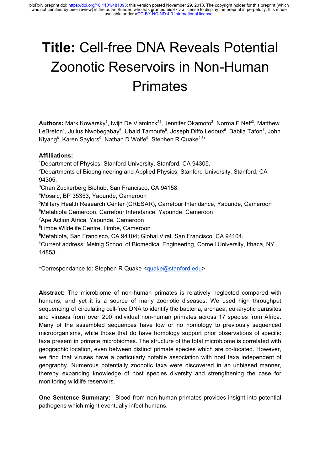 Cell-Free DNA Reveals Potential Zoonotic Reservoirs in Non-Human