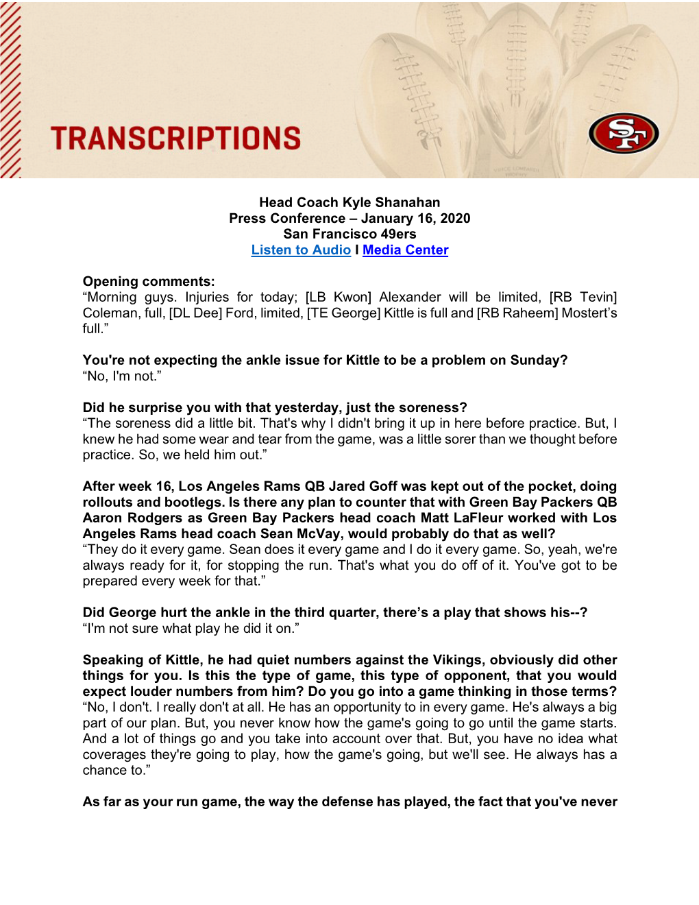 Head Coach Kyle Shanahan Press Conference – January 16, 2020 San Francisco 49Ers Listen to Audio I Media Center