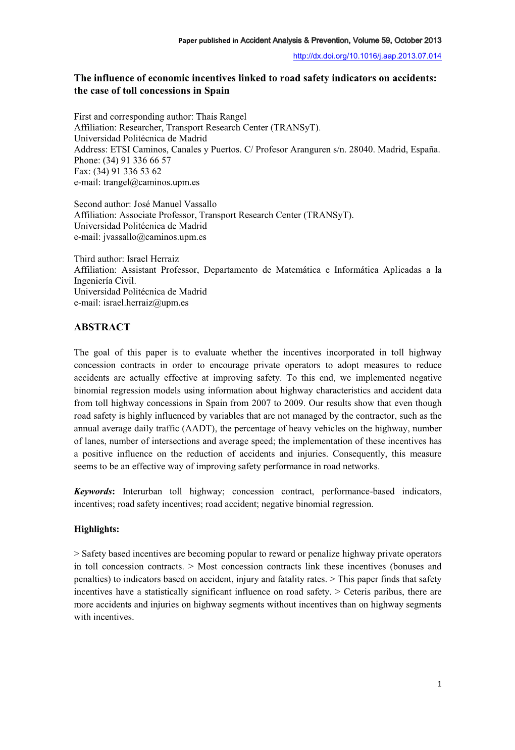 The Influence of Economic Incentives Linked to Road Safety Indicators on Accidents: the Case of Toll Concessions in Spain