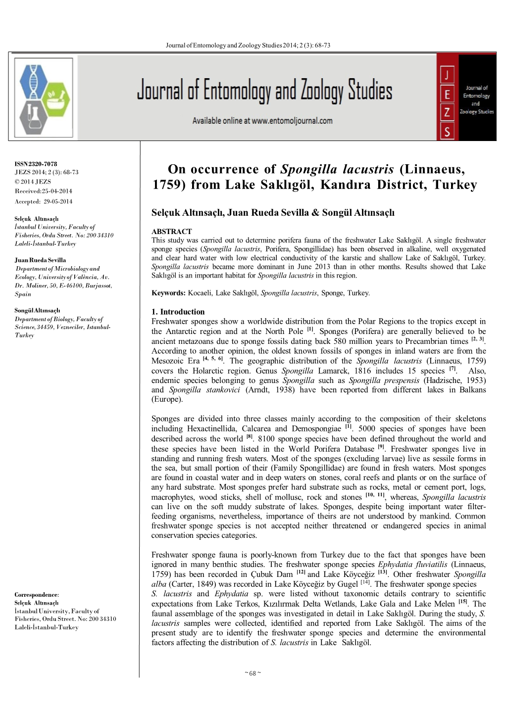 On Occurrence of Spongilla Lacustris