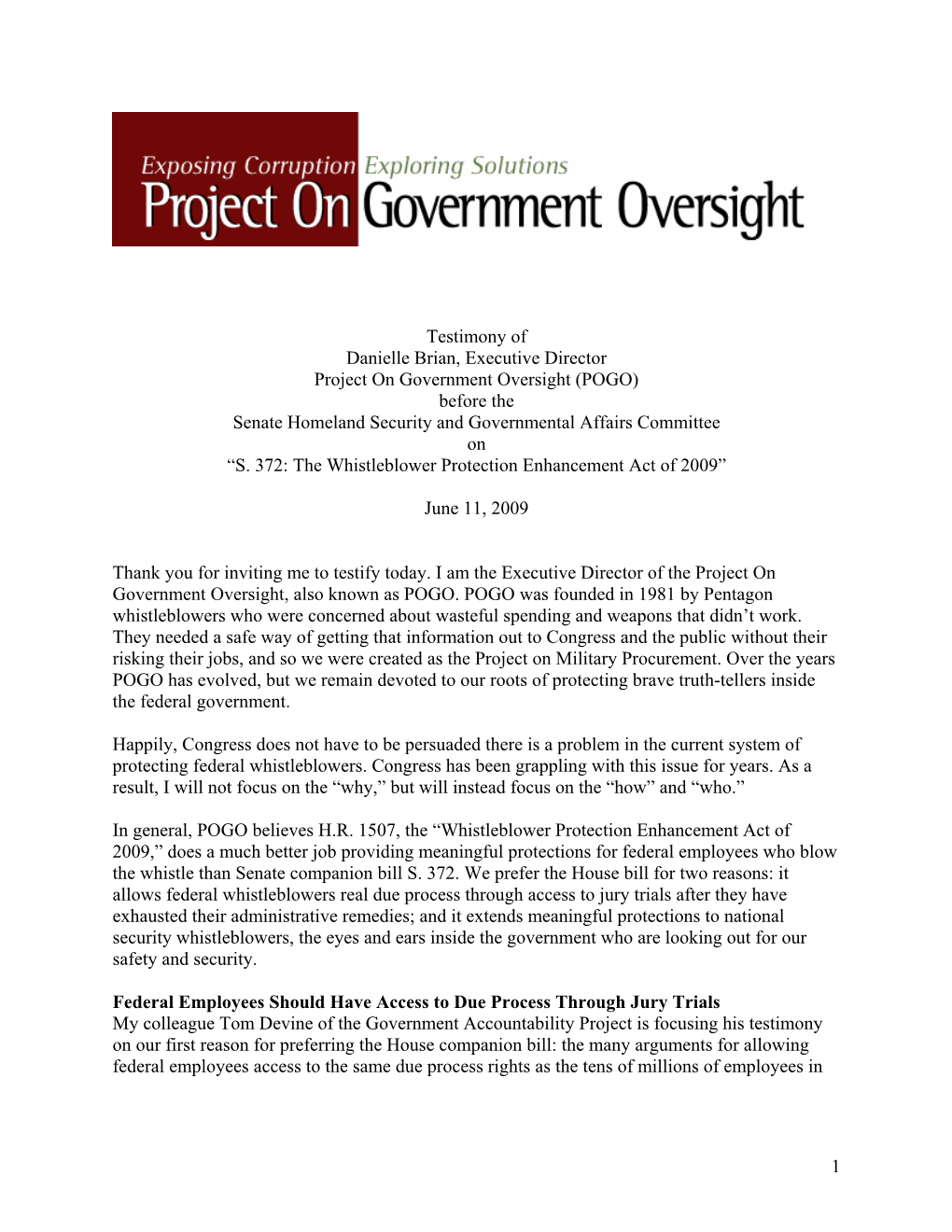 Testimony of Danielle Brian, Executive Director Project on Government Oversight (POGO) Before the Senate Homeland Security and Governmental Affairs Committee on “S