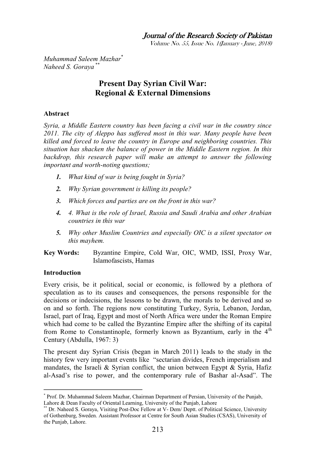 Present Day Syrian Civil War: Regional & External Dimensions