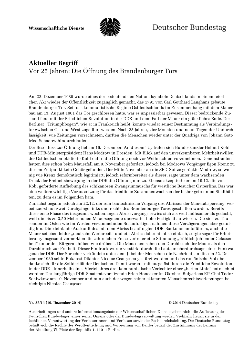 Aktueller Begriff Vor 25 Jahren: Die Öffnung Des Brandenburger Tors