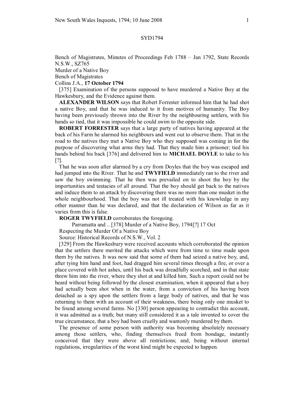 New South Wales Inquests, 1794; 10 June 2008 1 SYD1794 Bench Of