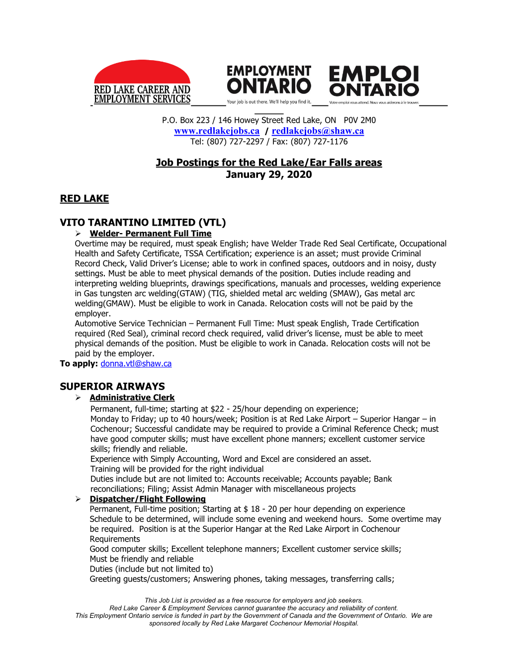 Redlakejobs@Shaw.Ca Job Postings