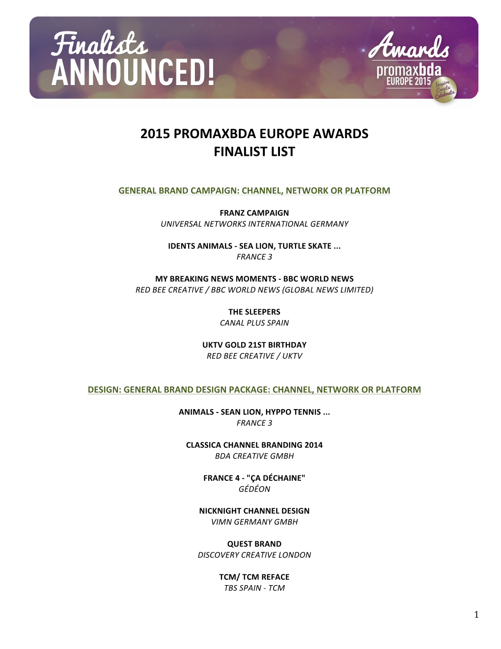 2015 Promaxbda Europe Awards Finalist List