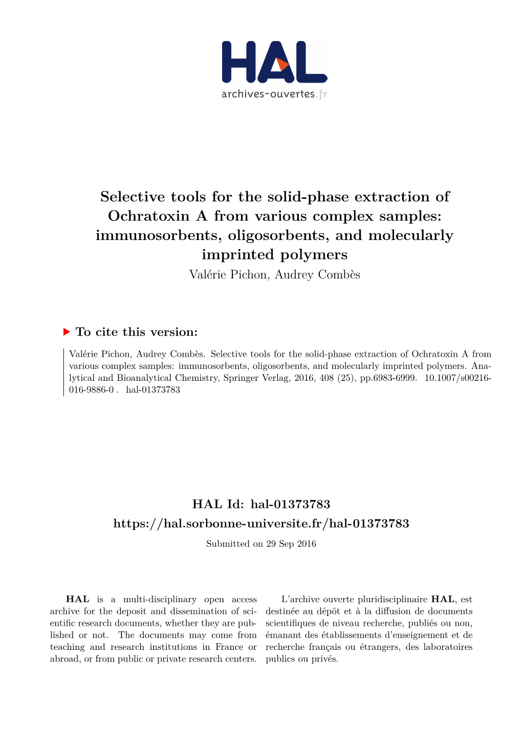 Selective Tools for the Solid-Phase Extraction of Ochratoxin a From