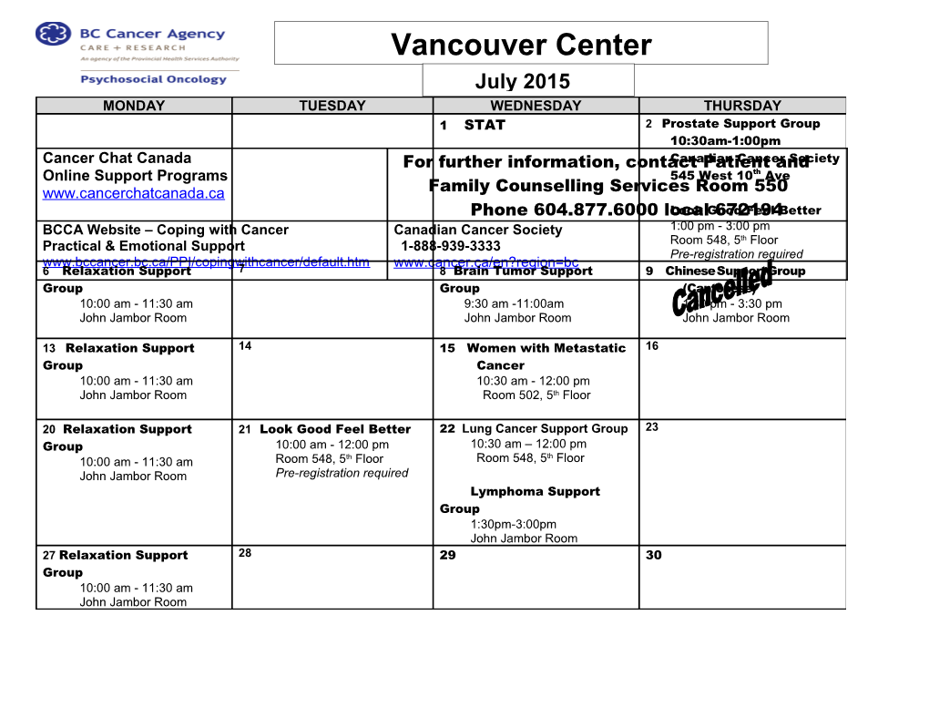 Vancouver Centre Support Group Calendar