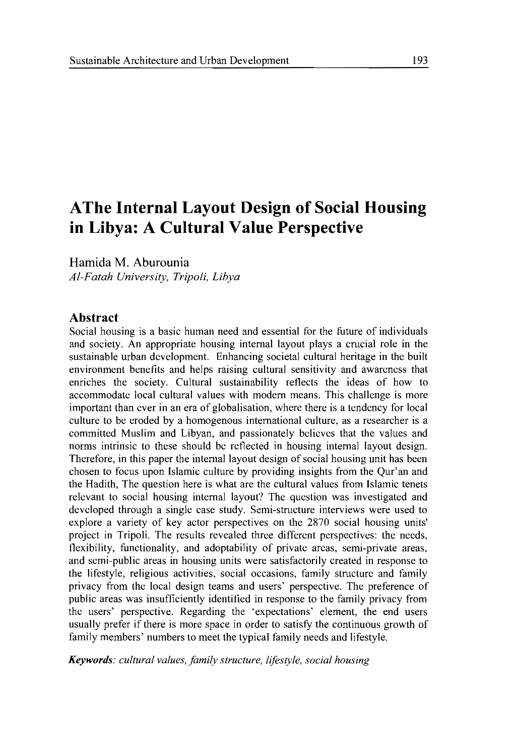 Athe Internal Layout Design of Social Housing in Libya: a Cultural Value Perspective