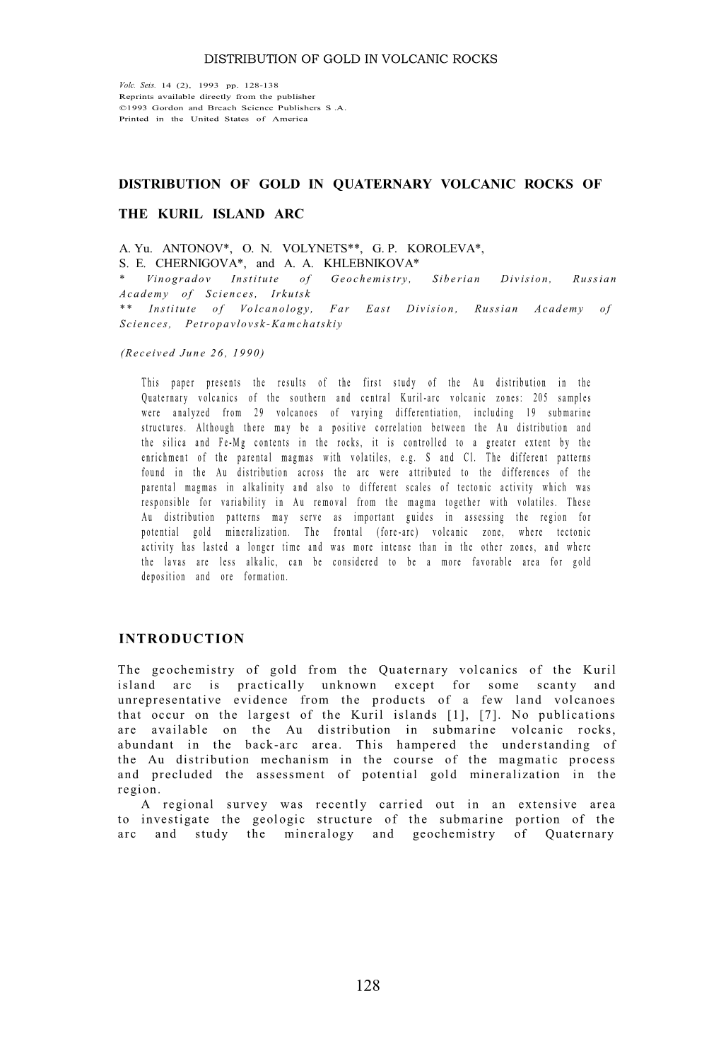 Distribution of Gold in Quaternary Volcanic Rocks Of