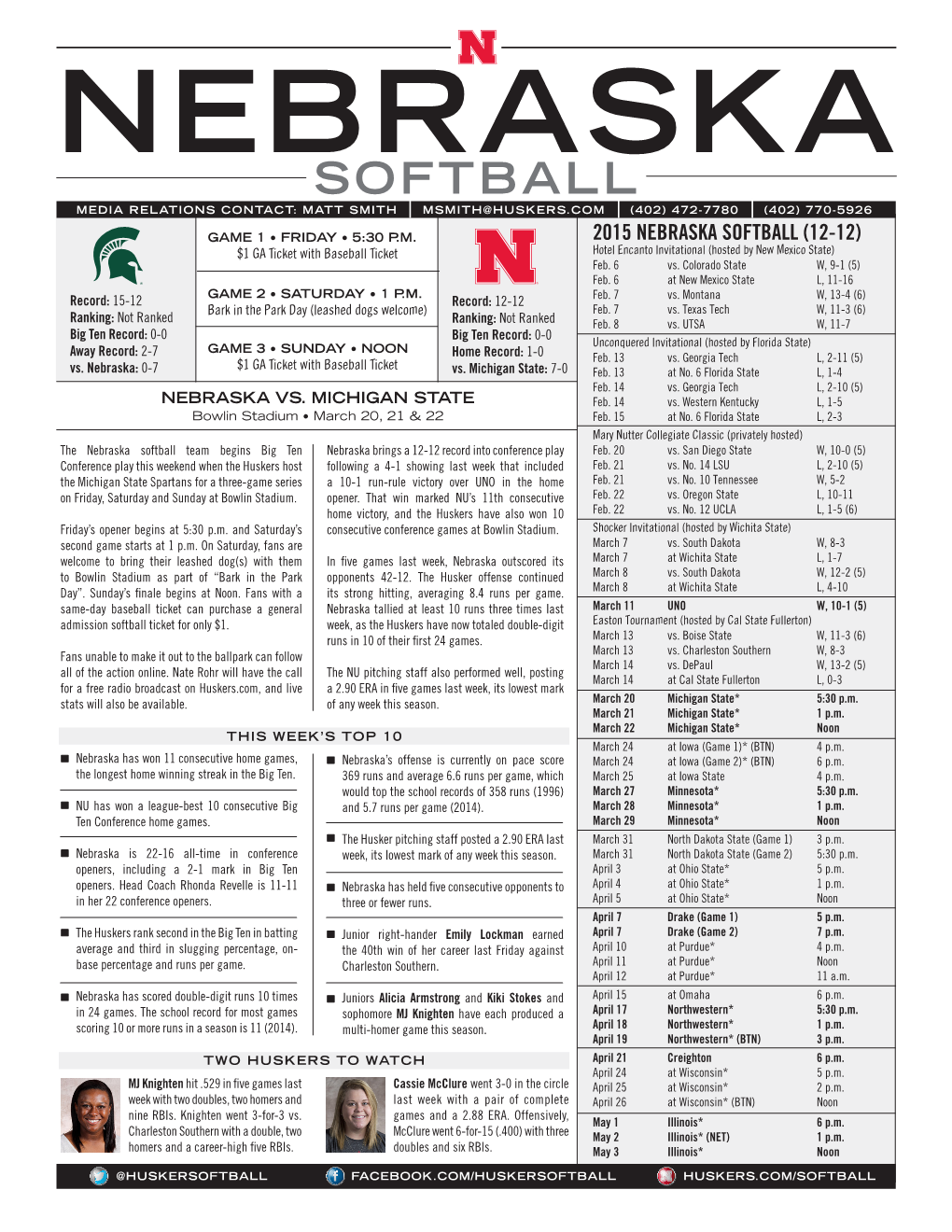 Softball Media Relations Contact: Matt Smith Msmith@Huskers.Com (402) 472-7780 (402) 770-5926