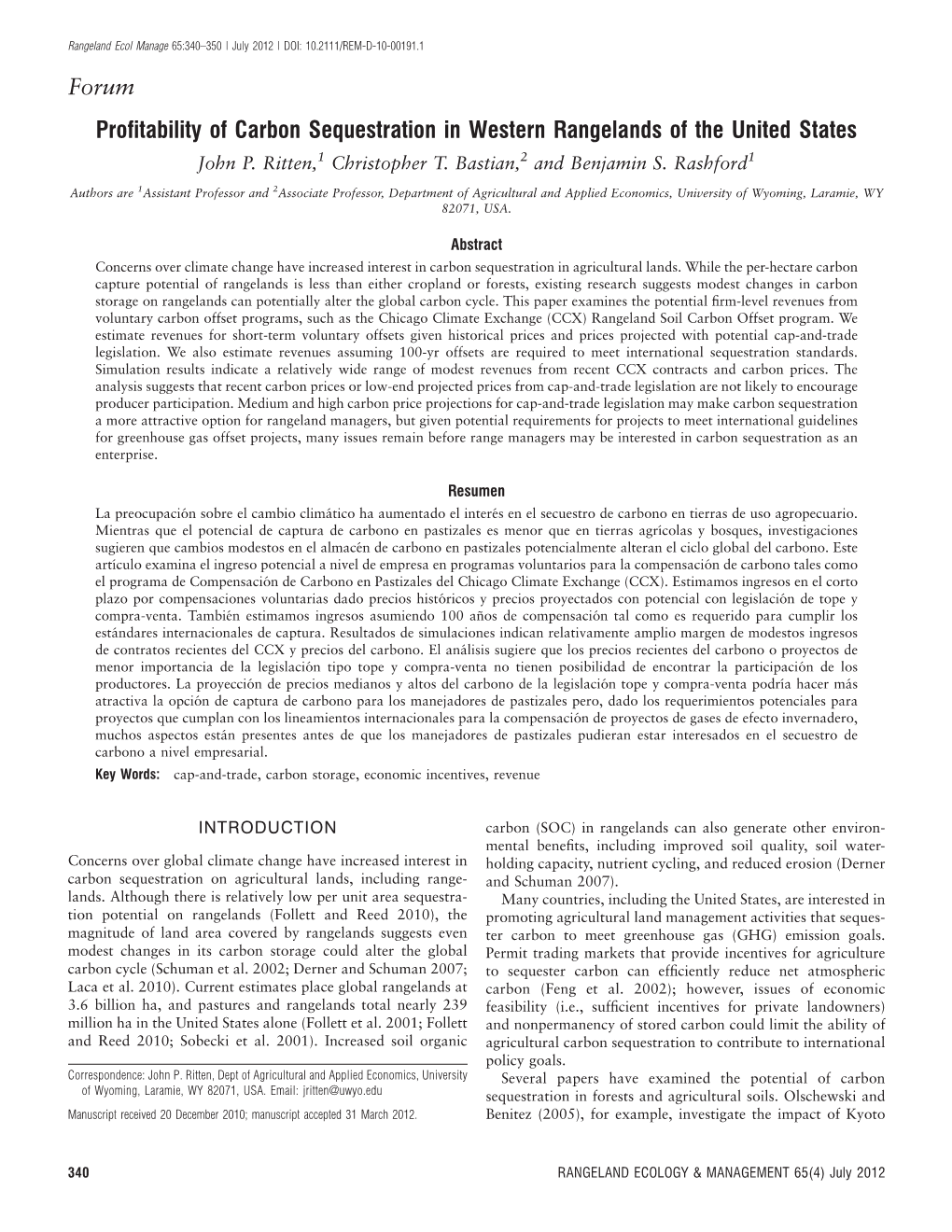 Profitability of Carbon Sequestration in Western Rangelands of the United States John P