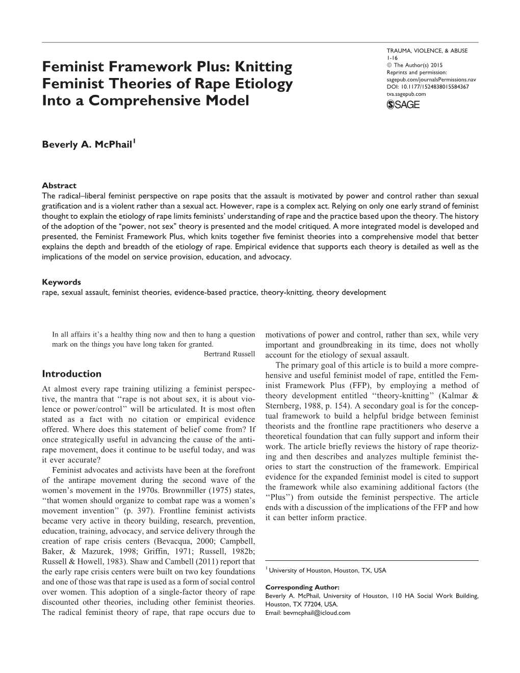 Knitting Feminist Theories of Rape Etiology Into a Comprehensive Model