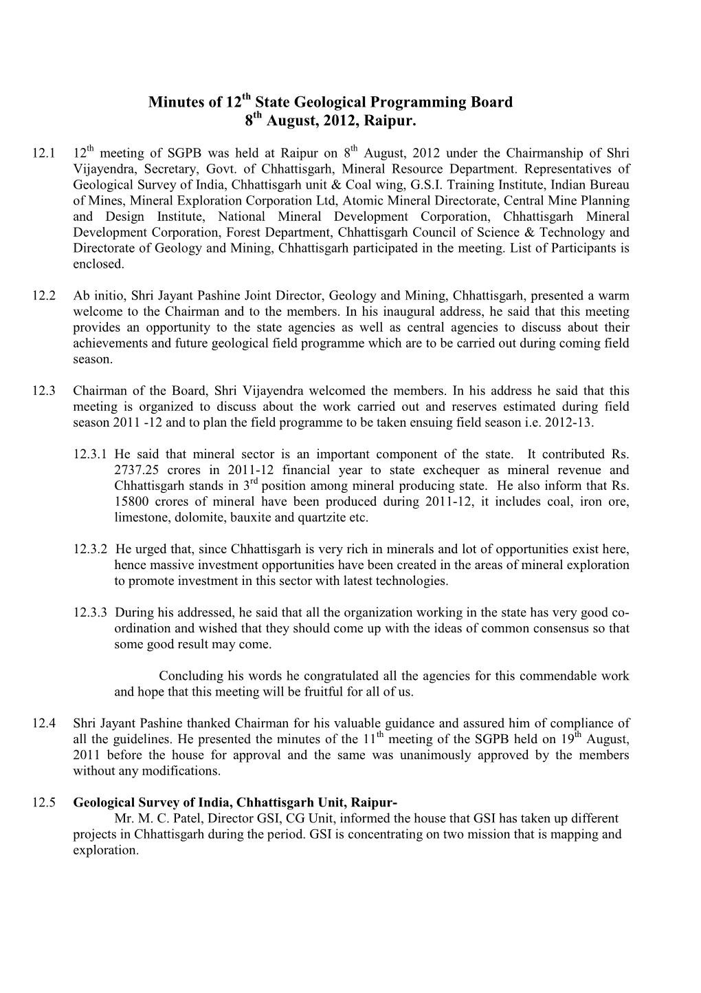 Minutes of 12Th & 13Th State Geological Programming Board