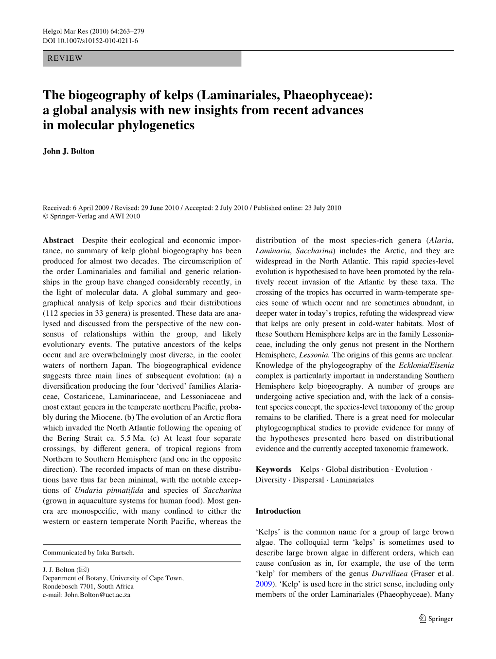 The Biogeography of Kelps (Laminariales, Phaeophyceae): a Global Analysis with New Insights from Recent Advances in Molecular Phylogenetics