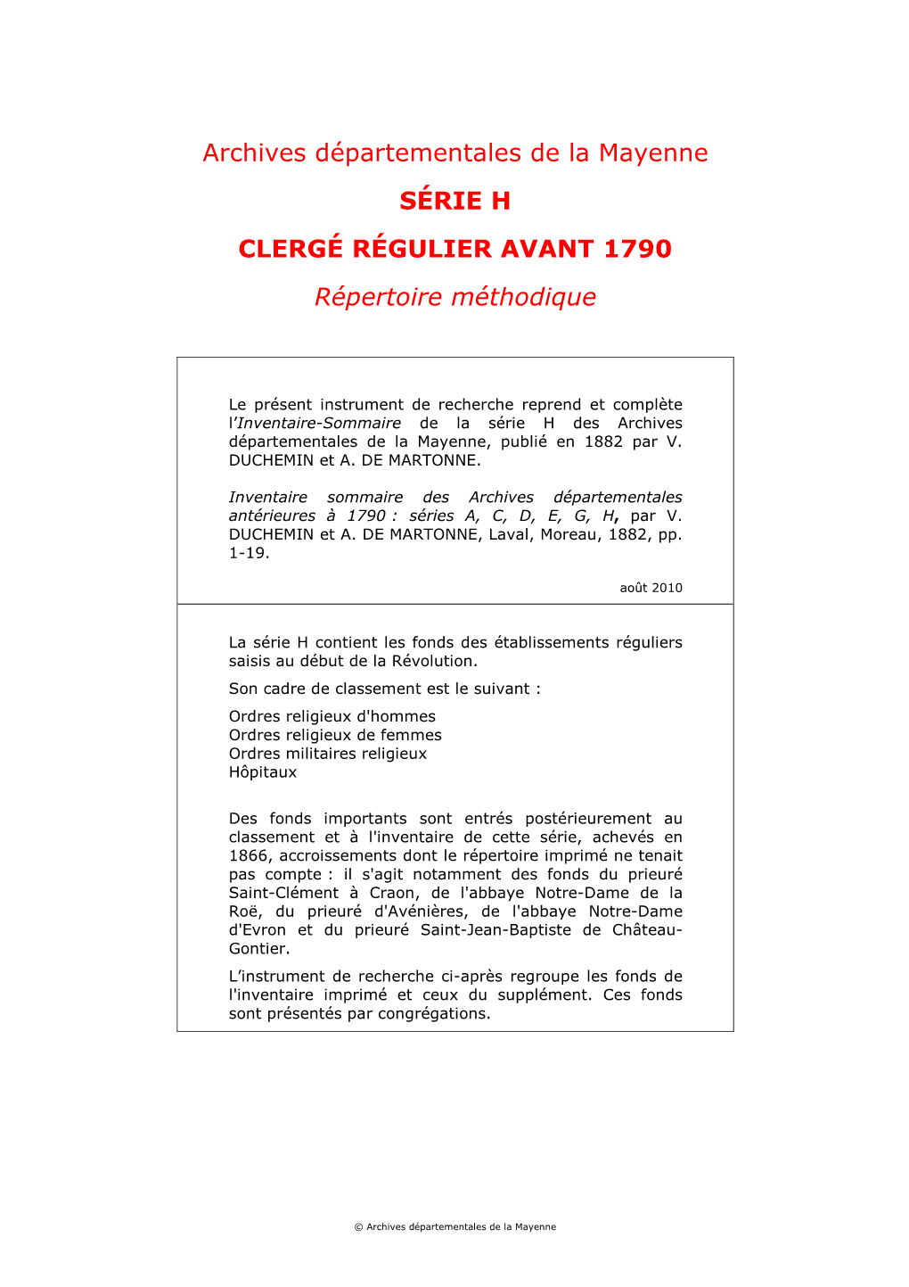 Archives Départementales De La Mayenne SÉRIE H CLERGÉ RÉGULIER AVANT 1790 Répertoire Méthodique