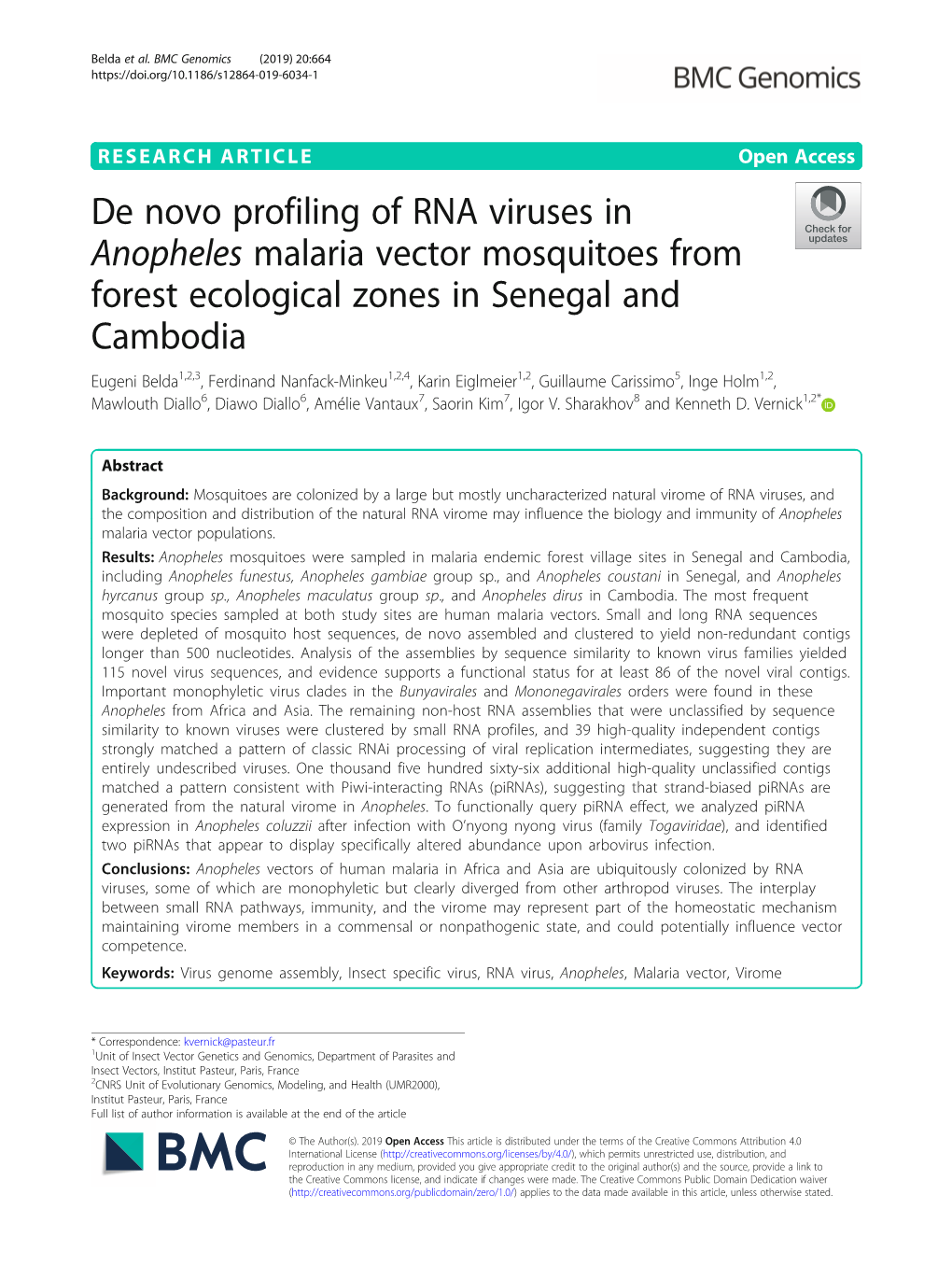 De Novo Profiling of RNA Viruses in Anopheles