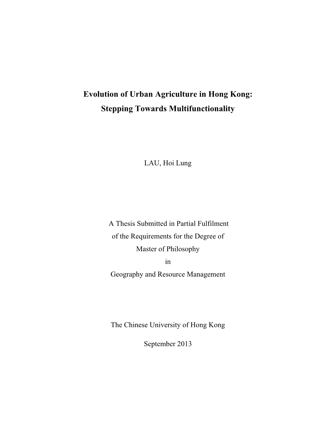 Evolution of Urban Agriculture in Hong Kong: Stepping Towards Multifunctionality