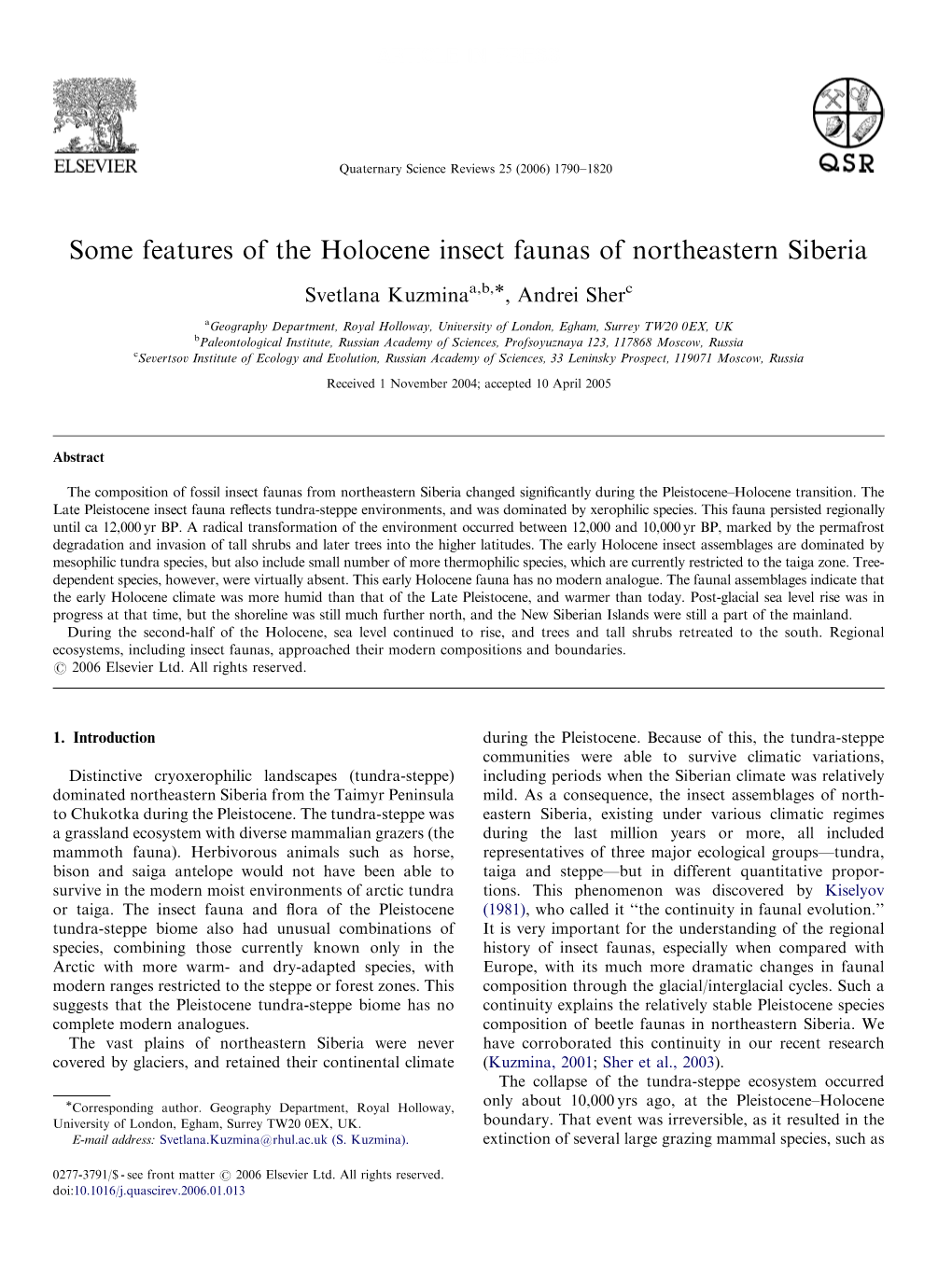 Some Features of the Holocene Insect Faunas of Northeastern Siberia