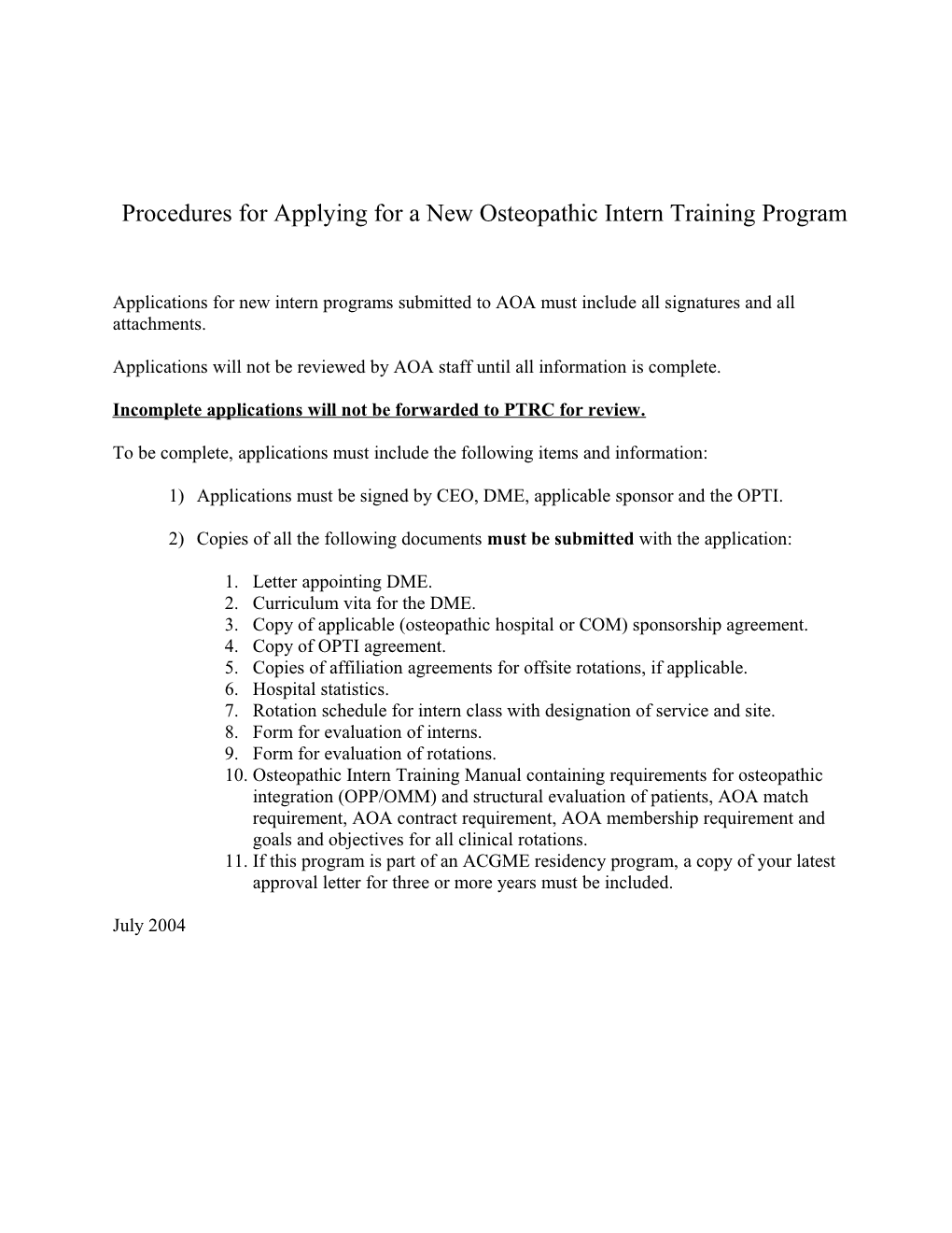 Procedures For Applying For A New Osteopathic Intern Training Program