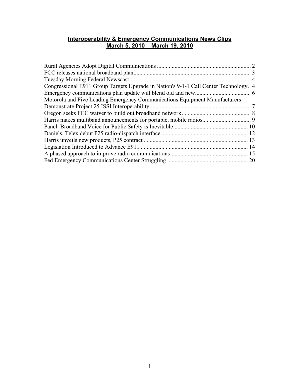 1 Interoperability & Emergency Communications News Clips March